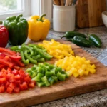 Whole bell peppers, cut strips and dice on a kitchen cutting board