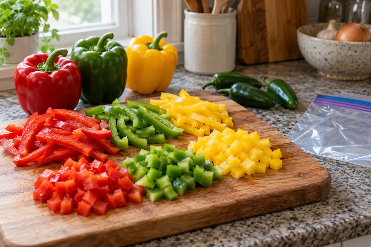 Whole bell peppers, cut strips and dice on a kitchen cutting board