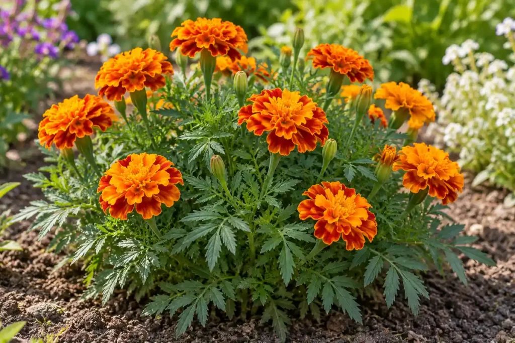 Orange and gold French marigold flowers above finely divided green leaves
