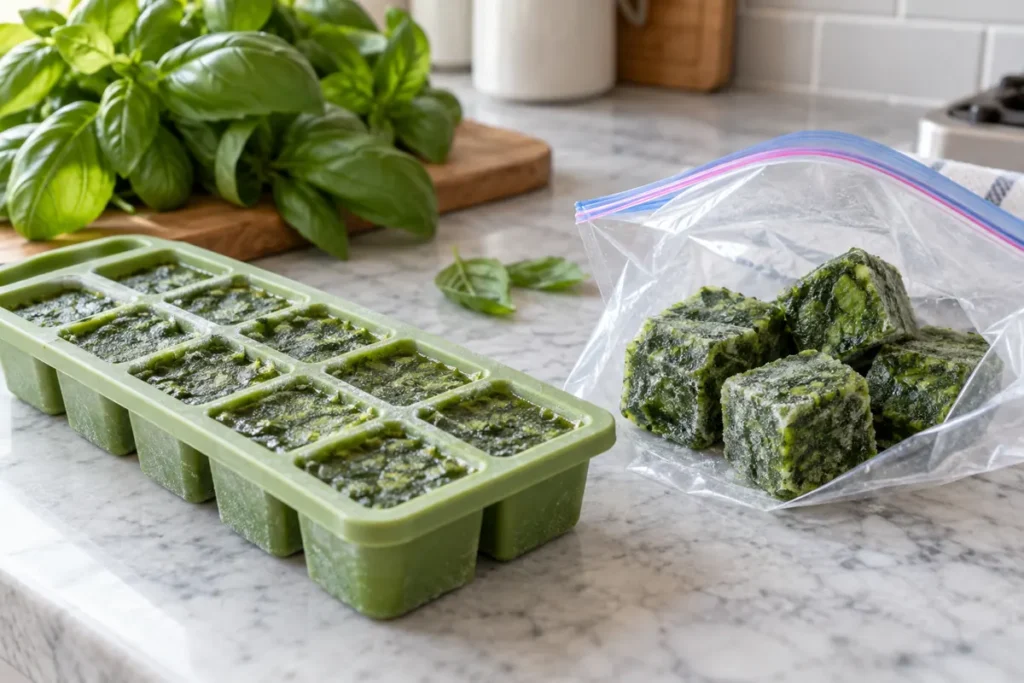 Frozen chopped basil and oil cubes in a tray beside a freezer bag