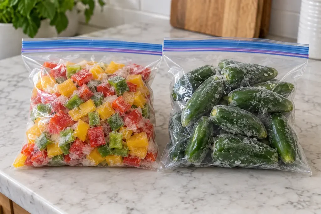 Separate freezer bags holding diced sweet peppers and whole hot peppers