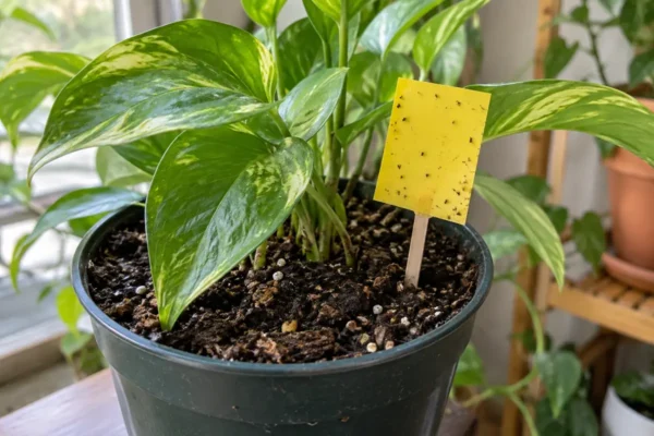 Yellow sticky monitoring card beside a houseplant in moist potting mix