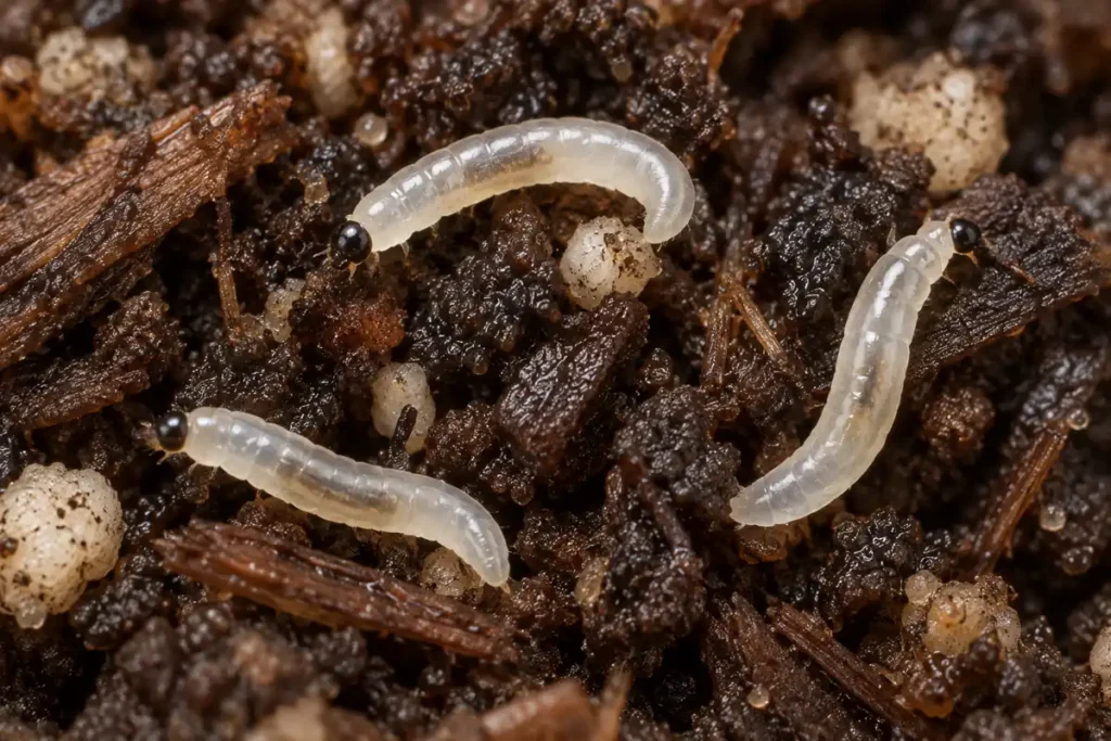 Magnified illustration of translucent legless larvae with dark head capsules