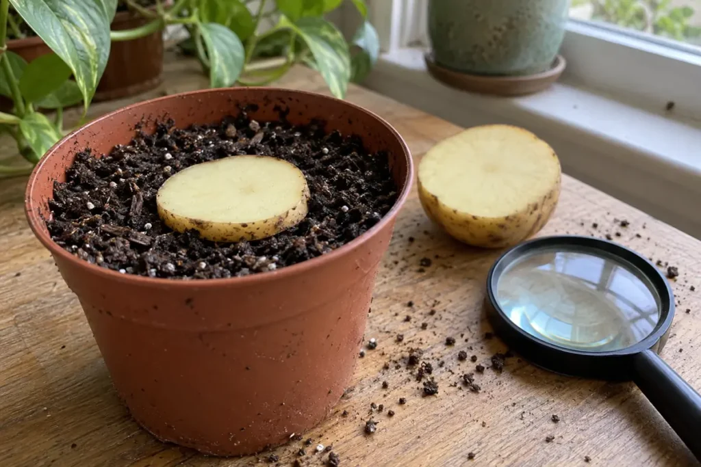Raw potato slice resting cut side down on potting mix beside a magnifying lens