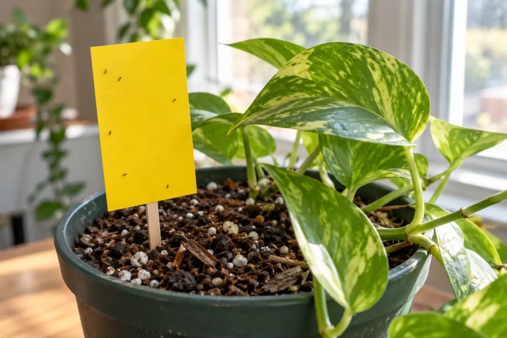 Yellow sticky card positioned near the soil of a potted pothos