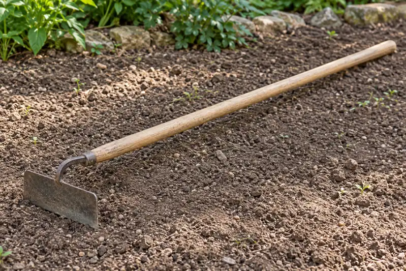Long-handled garden hoe with a rectangular blade set at an angle