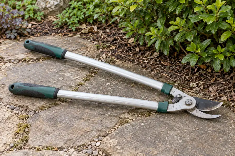 Bypass loppers with two long handles and a small curved cutting head