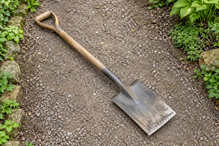 Garden spade with a flat rectangular steel blade and D-shaped grip