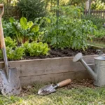 Digging tool, hand trowel and watering can beside a vegetable bed