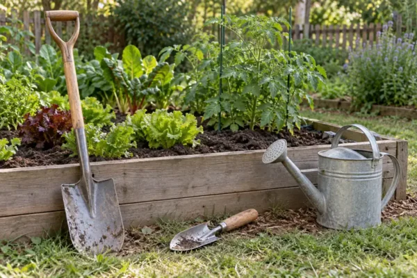Digging tool, hand trowel and watering can beside a vegetable bed