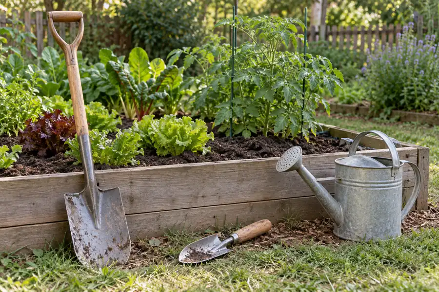 Digging tool, hand trowel and watering can beside a vegetable bed