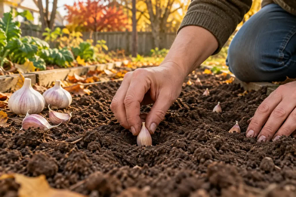 Gardener placing an individual unpeeled garlic clove upright in an autumn planting bed