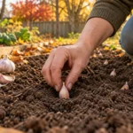 Gardener placing an individual unpeeled garlic clove upright in an autumn planting bed