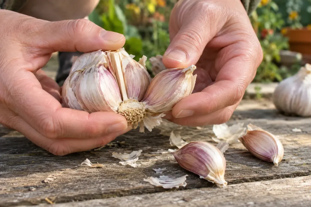 Hands separating firm unpeeled garlic cloves with intact papery skins