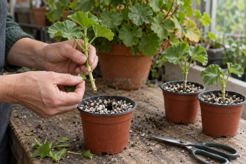 Lower leaves being removed from a geranium cutting beside propagation pots