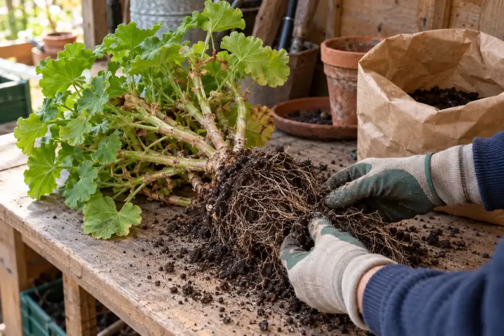 Hands removing loose soil from geranium roots before winter storage