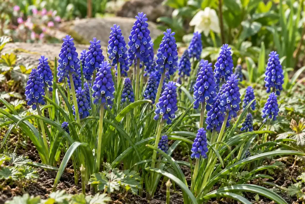 Violet-blue grape hyacinth flower clusters with small pale rims above narrow strap leaves