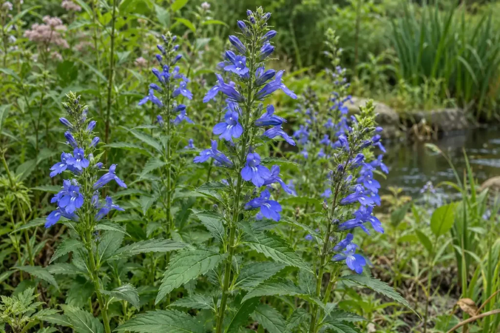 Upright great blue lobelia spikes with tubular blue flowers and toothed leaves