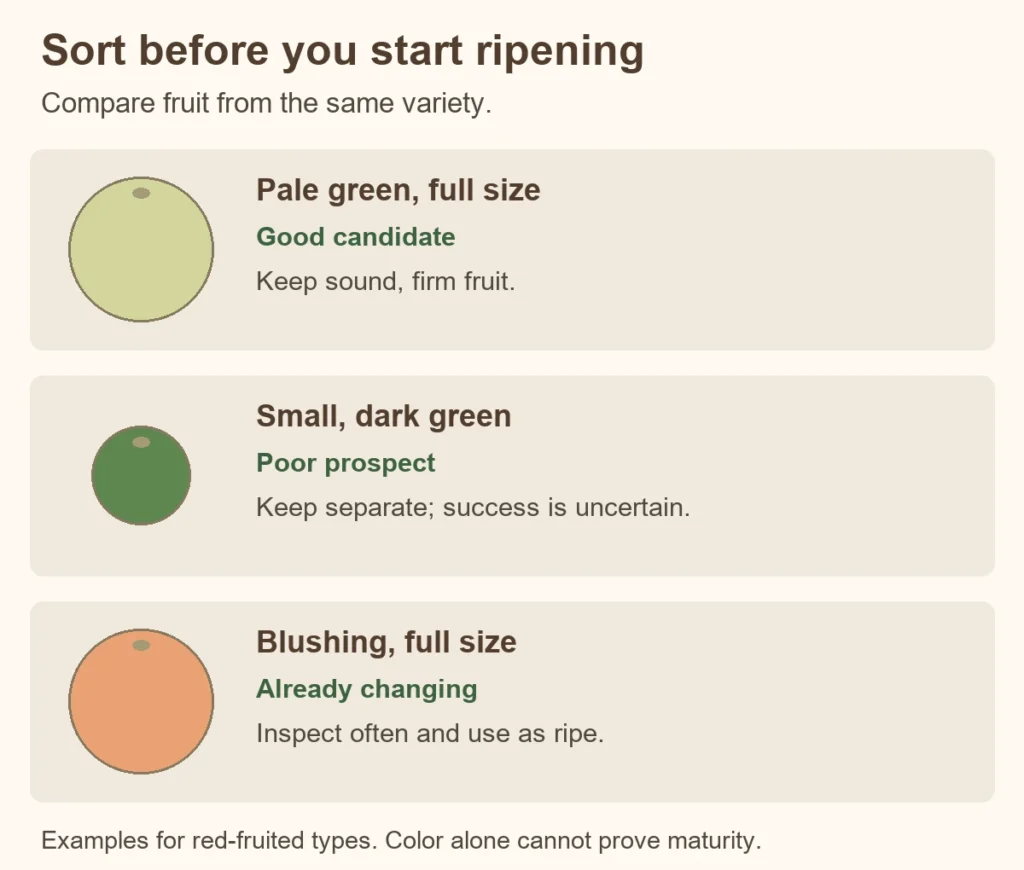 Full-size pale green, small dark green and blushing tomatoes compared for indoor ripening