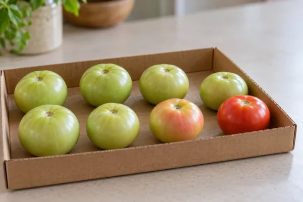 Pale green and blushing tomatoes spaced in a single layer in an open cardboard tray