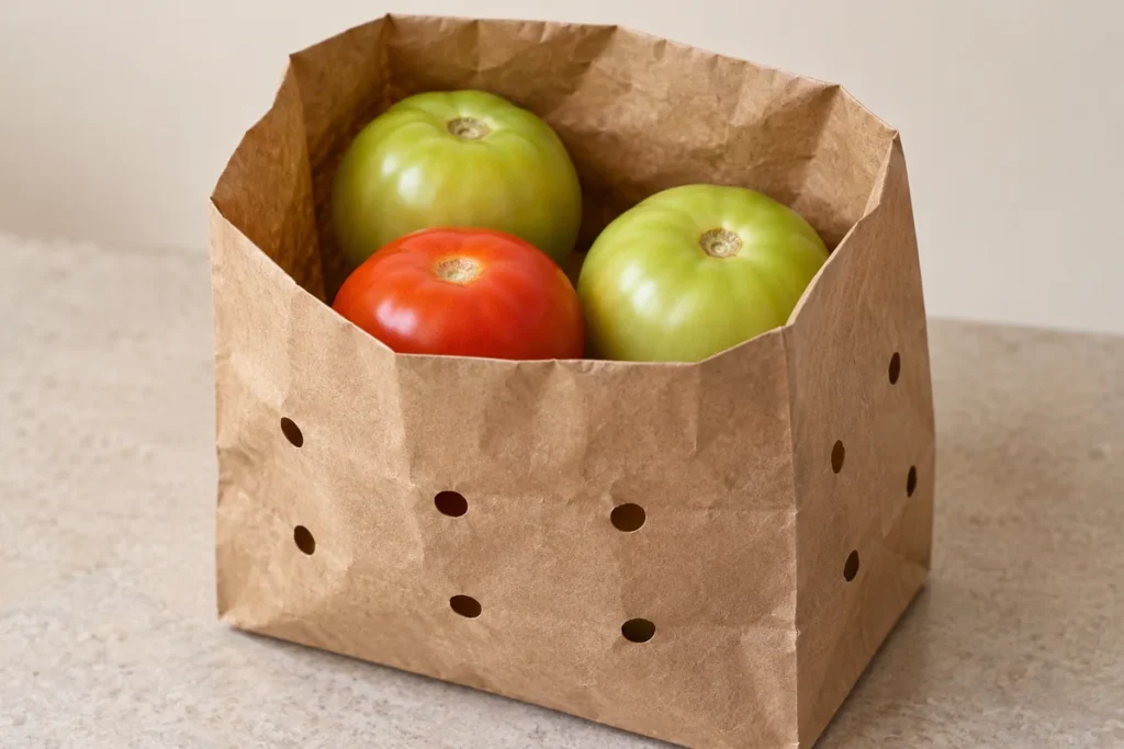 Open paper bag with ventilation holes holding pale green tomatoes and one ripe red tomato