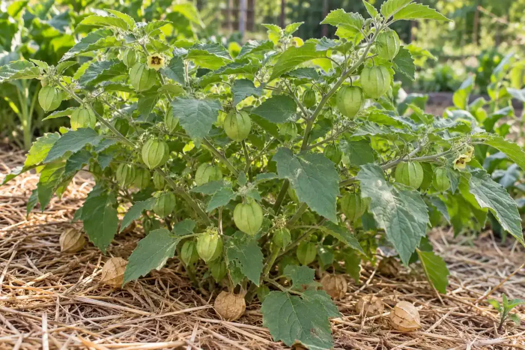Low branching ground cherry plant with green husks and dry tan husks on straw mulch