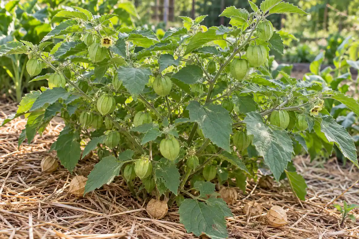 Low branching ground cherry plant with green husks and dry tan husks on straw mulch