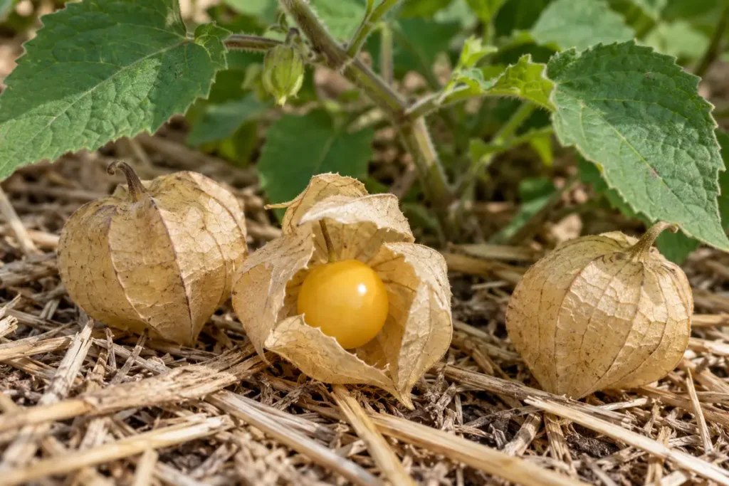 Golden yellow ground cherry inside an opened dry tan papery husk on straw