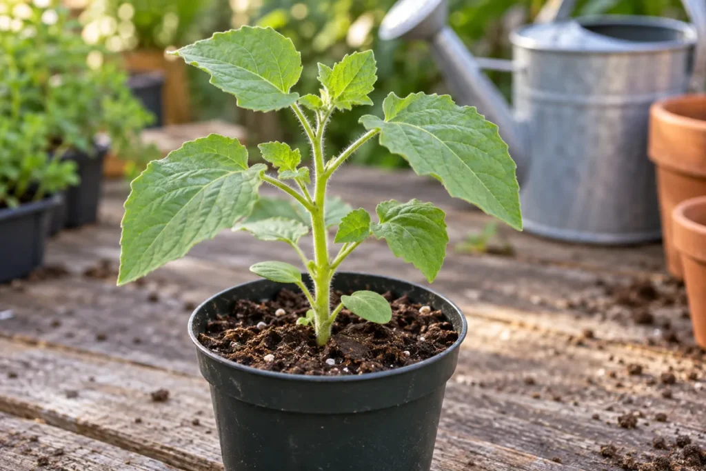 Young ground cherry seedling with broad toothed leaves in a nursery pot