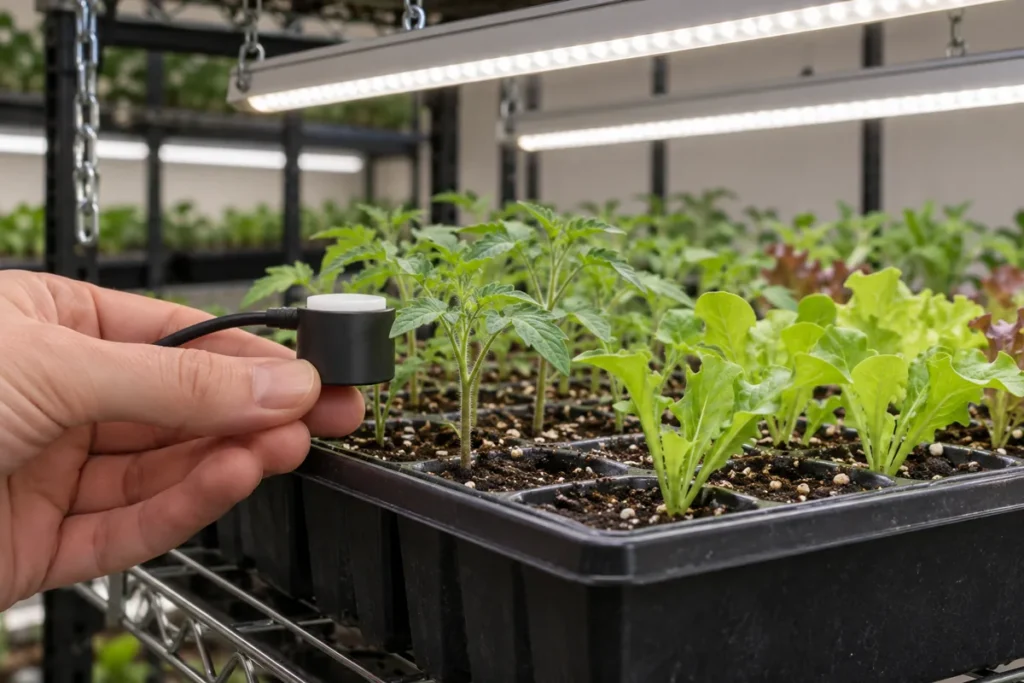 A quantum sensor held at leaf height near the corner of a seedling tray