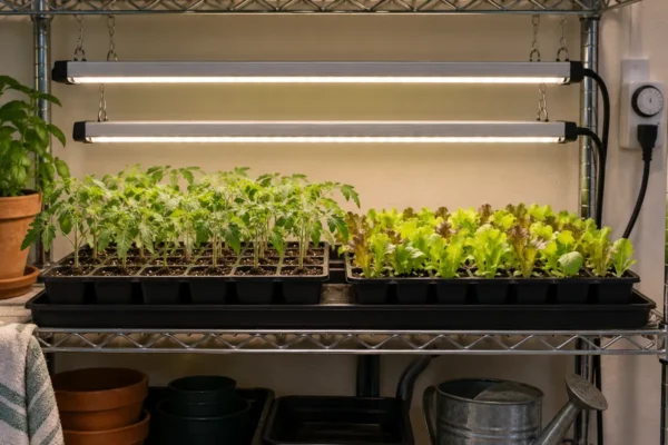 Vegetable seedlings under two suspended light bars on an indoor shelf