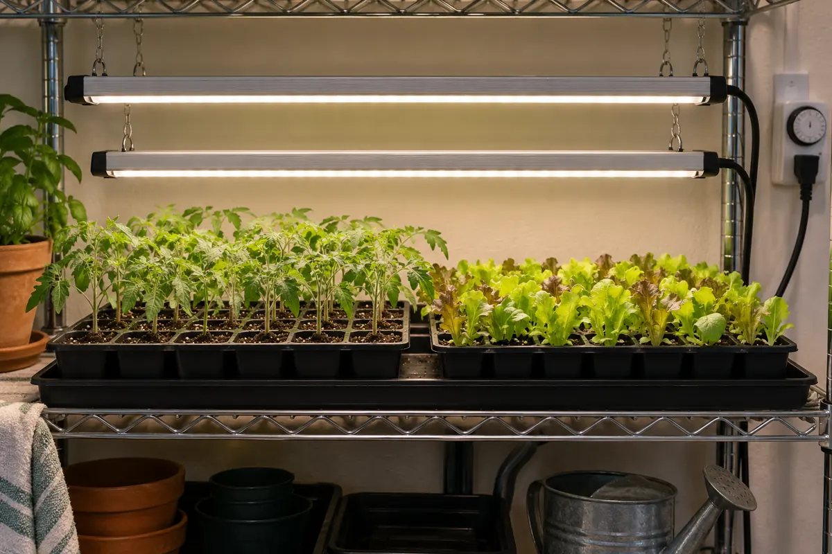 Vegetable seedlings under two suspended light bars on an indoor shelf