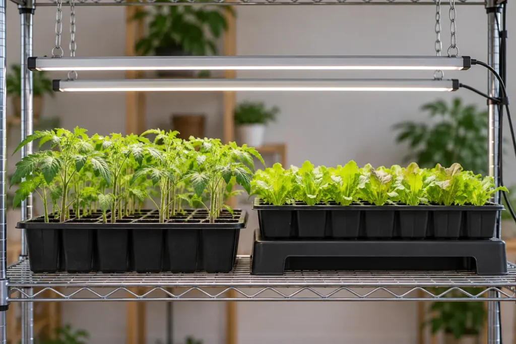 A lettuce seedling tray raised beside taller tomato seedlings under white light bars