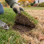 Gardener lifting turf at the edge of a brown lawn patch to inspect roots