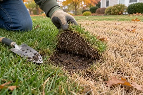 Gardener lifting turf at the edge of a brown lawn patch to inspect roots