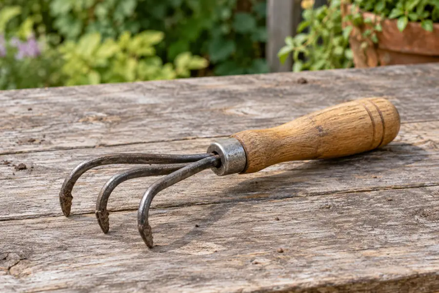 Hand cultivator with a short wooden handle and three curved steel tines