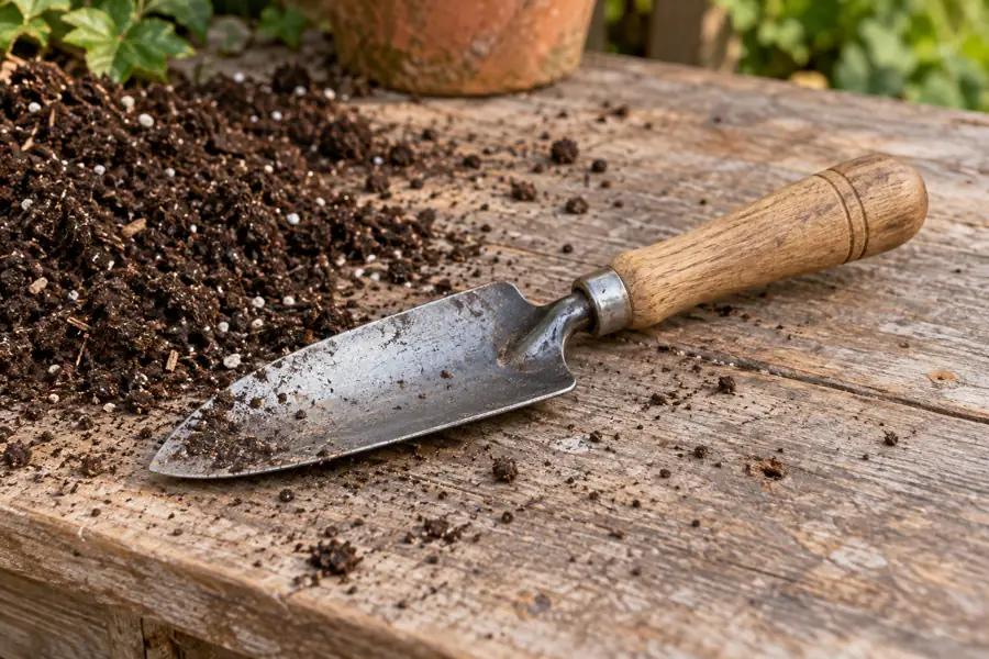 Small hand trowel with a wooden grip and pointed steel scoop