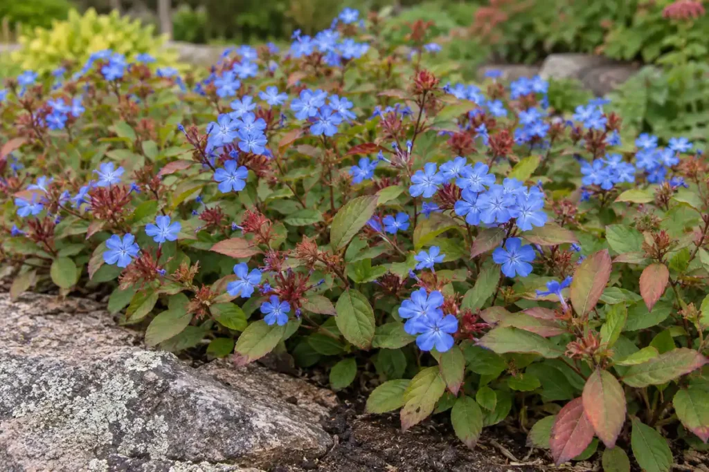 Blue hardy plumbago flowers above low green and bronze-red leaves
