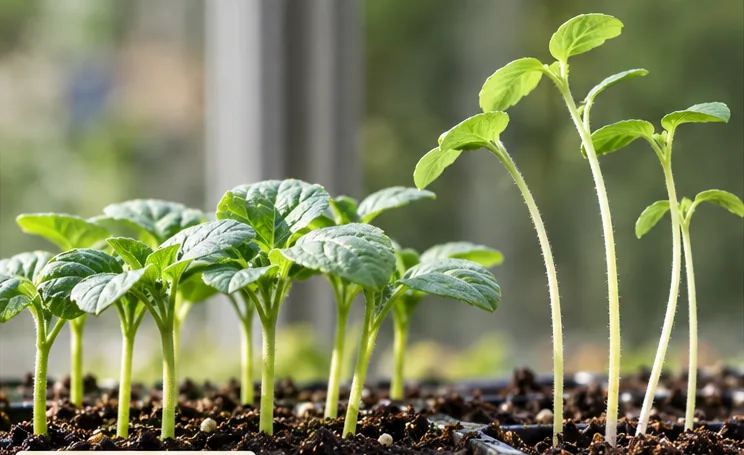 Healthy vs Leggy Seedlings Stocky healthy seedlings beside tall leggy seedlings