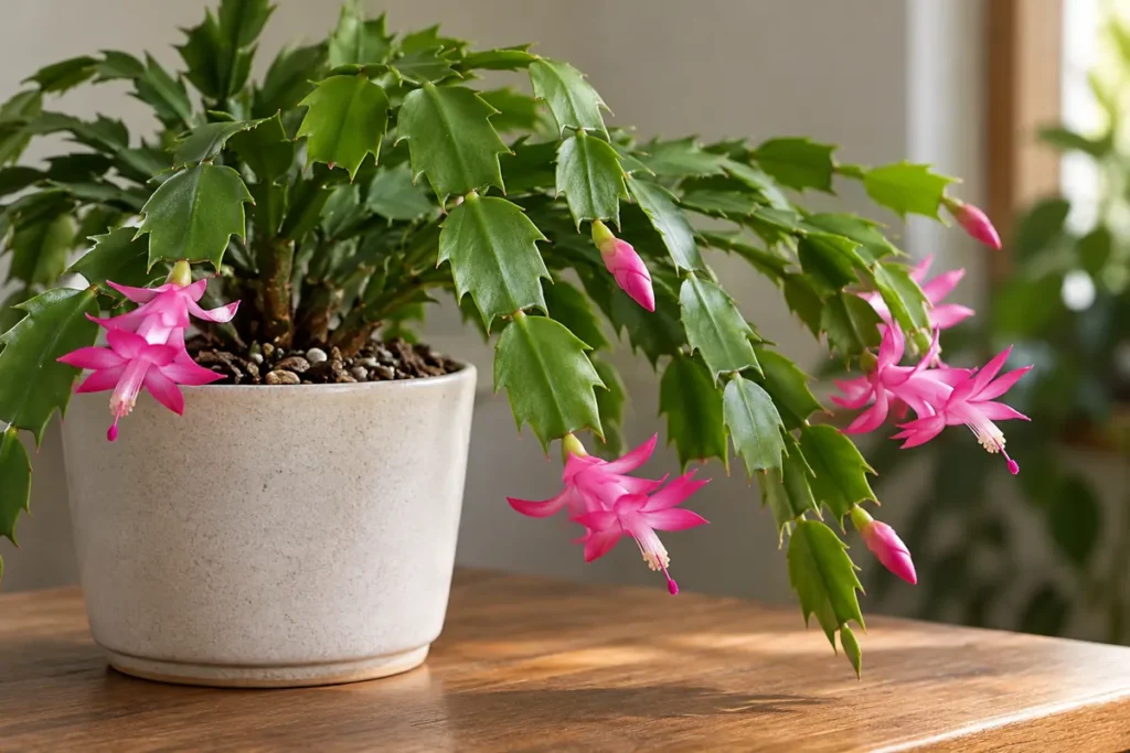 Thanksgiving cactus with flattened toothed green stem segments and pink flowers