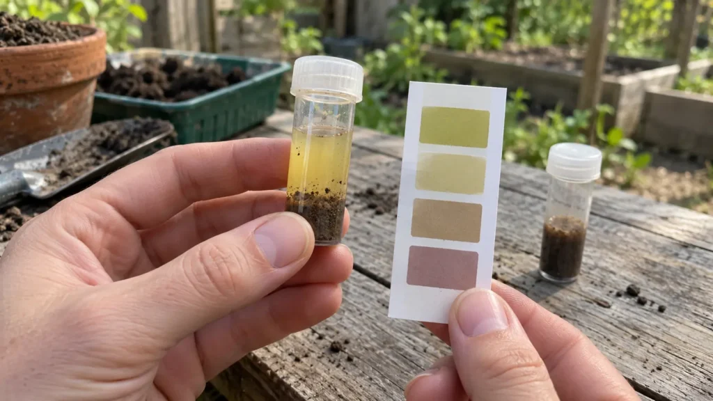 Hands holding a soil test vial beside an unnumbered color comparison card