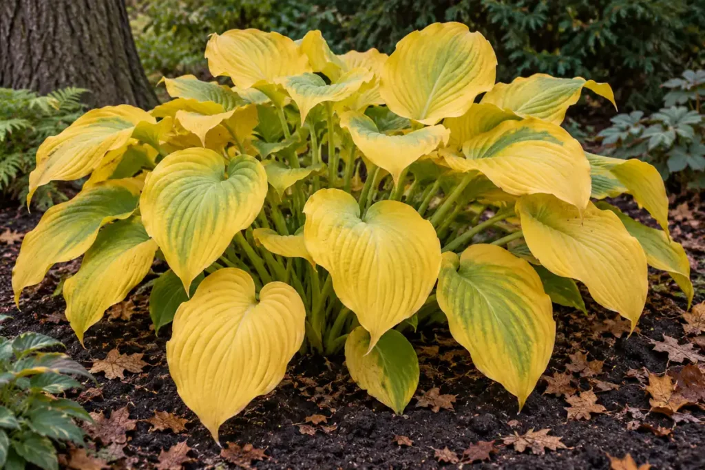 Hosta with broad ribbed leaves turning golden yellow during autumn decline