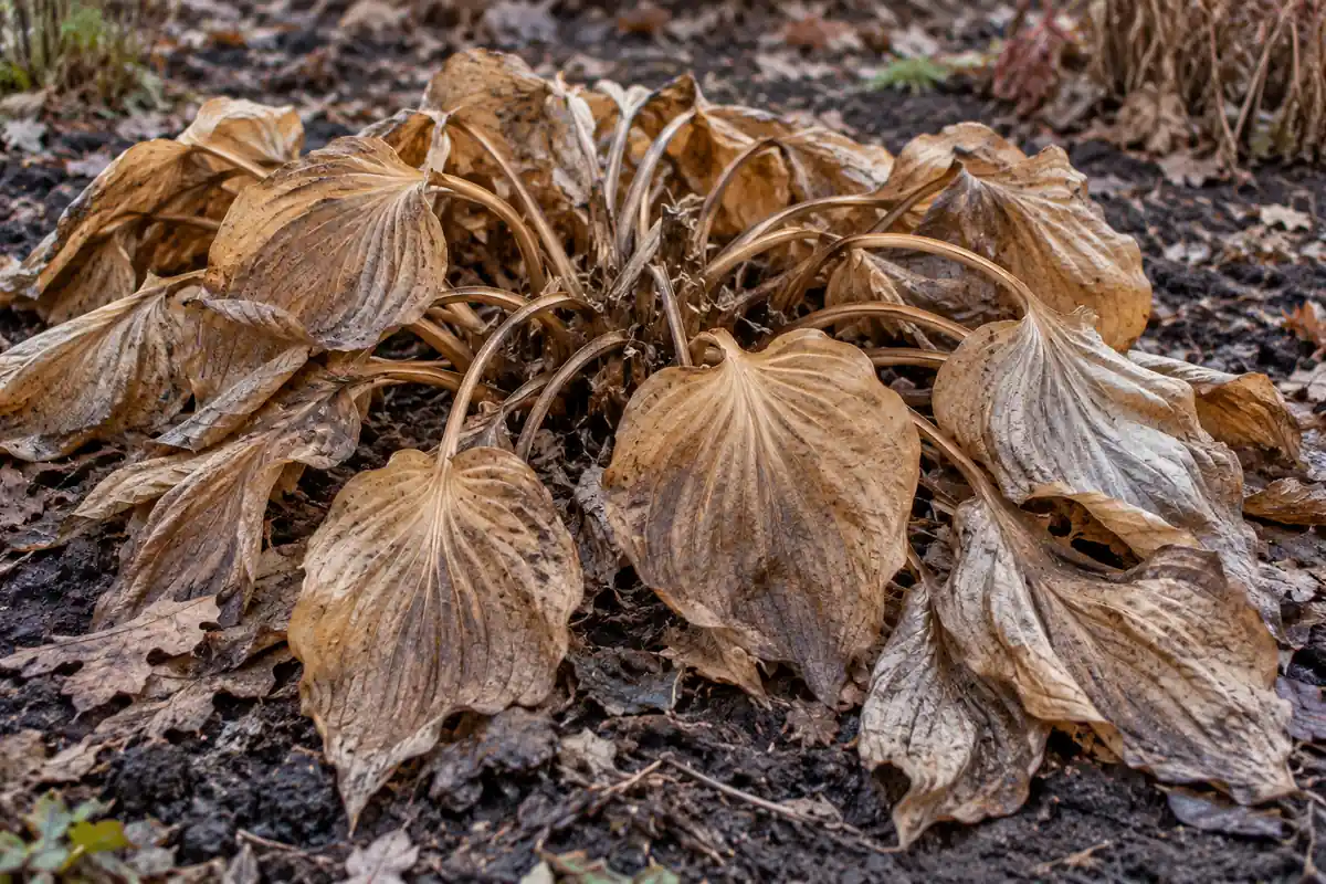 Brown ribbed hosta leaves and curved petioles resting over the plant base in late autumn