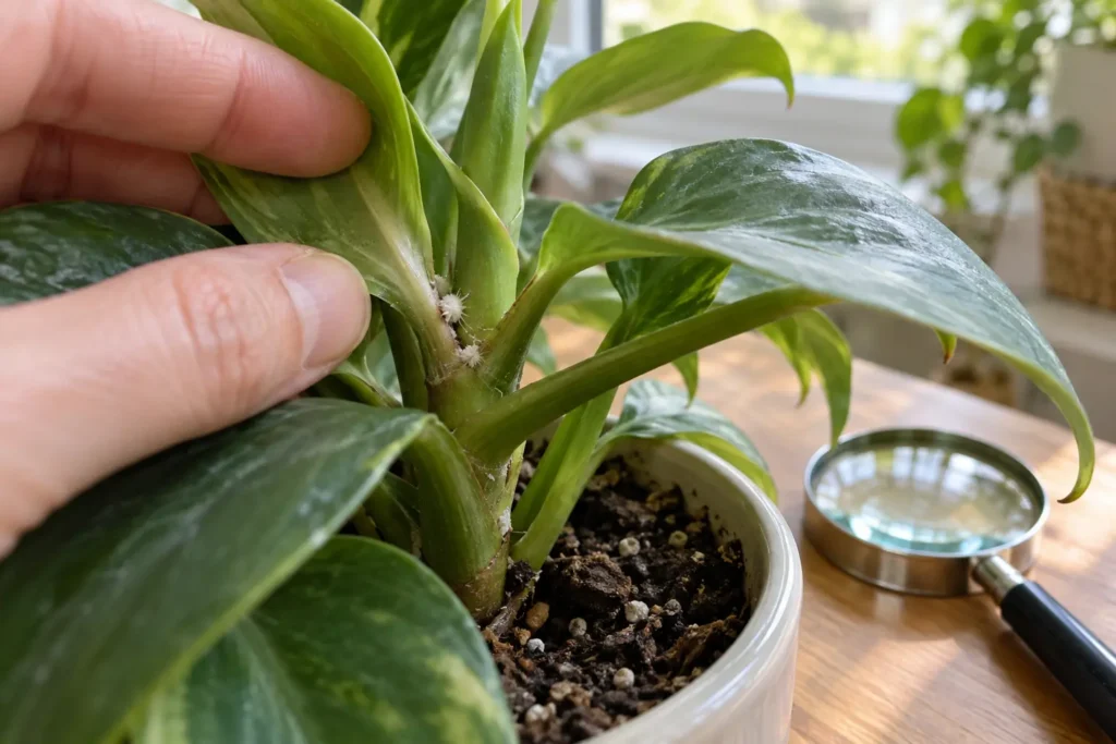 Hand separating houseplant leaves to inspect white waxy insects in a leaf joint