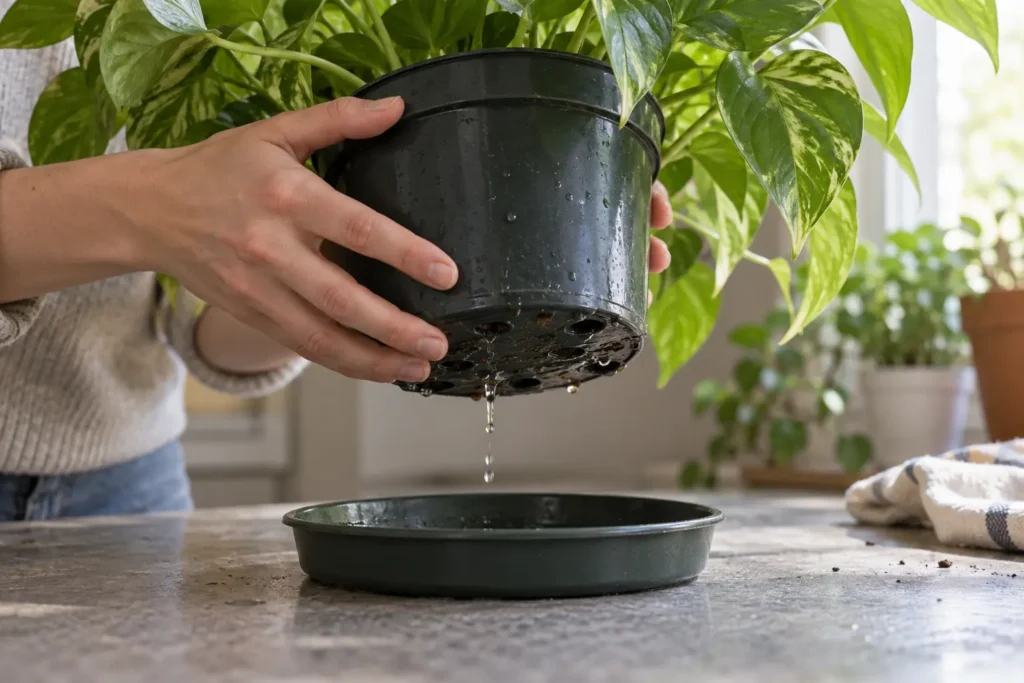Water draining from openings in a nursery pot held above its saucer