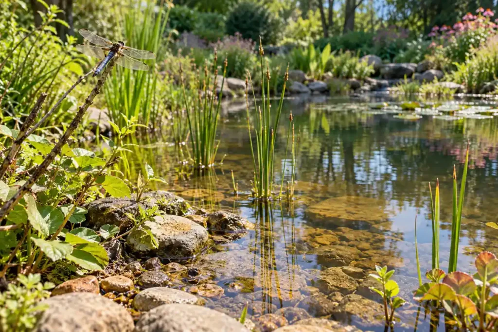 A dragonfly perched above a pond margin with open water and upright rush stems