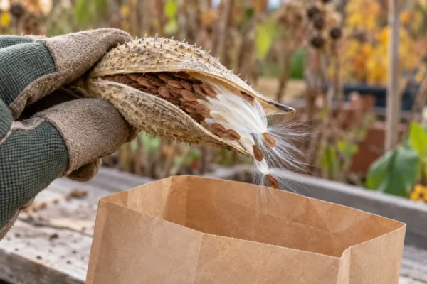 Gloved hand holding a split milkweed pod with brown seeds and white silk above a paper bag