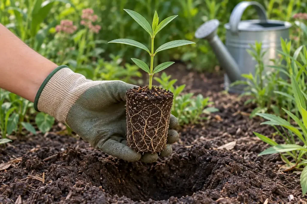 A gloved hand supporting an intact milkweed root plug above a planting hole
