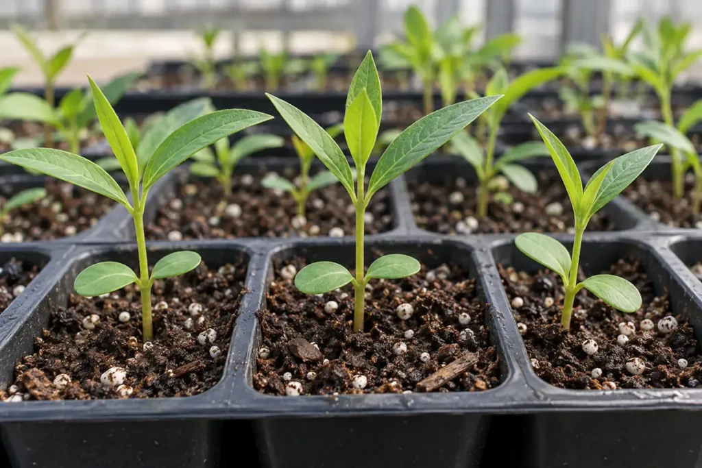 Milkweed seedlings with oval seed leaves and narrower true leaves in separate tray cells