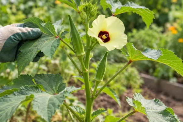 Young green okra pods growing upright beside a pale yellow flower on a garden plant